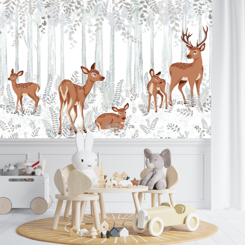 Papier Peint Animaux <br/> Famille de Cerfs en Forêt