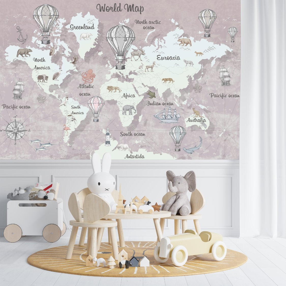 Papier Peint Animaux <br/> Aquarelle Rose Monde