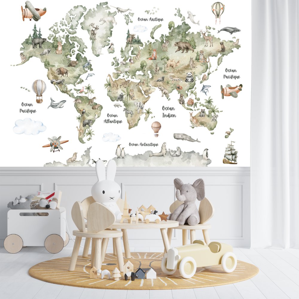 Papier Peint Carte du Monde <br/> Aquarelle Aventure Avion