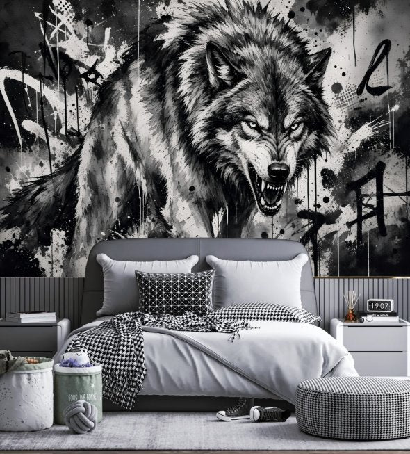 Papier Peint Photo Loup Noir et Blanc | Le Petit Intissé