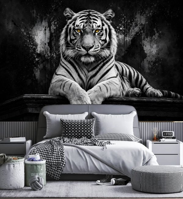 Papier Peint Tigre Géant Noir et Blanc | Le Petit Intissé