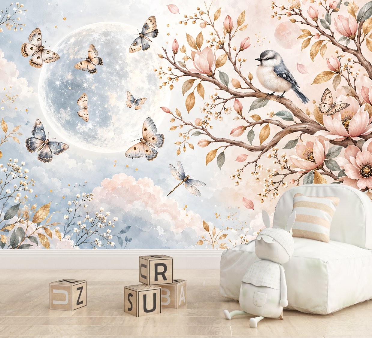 Papier Peint avec Oiseaux et Fleurs | Le Petit Intissé