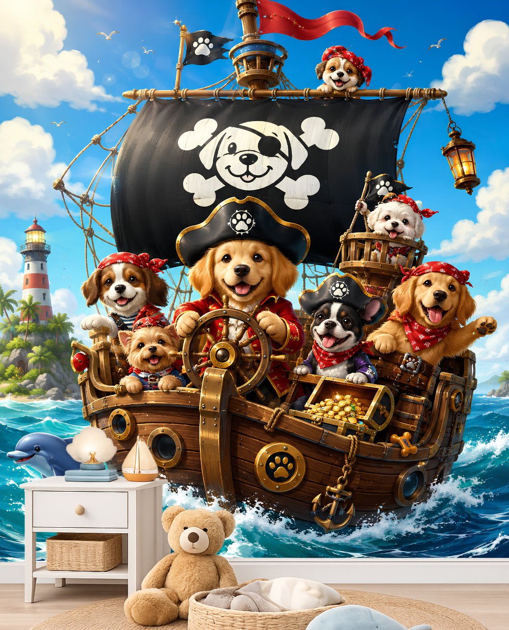Papier peint pirate blanc pour enfant - Chien Pirate