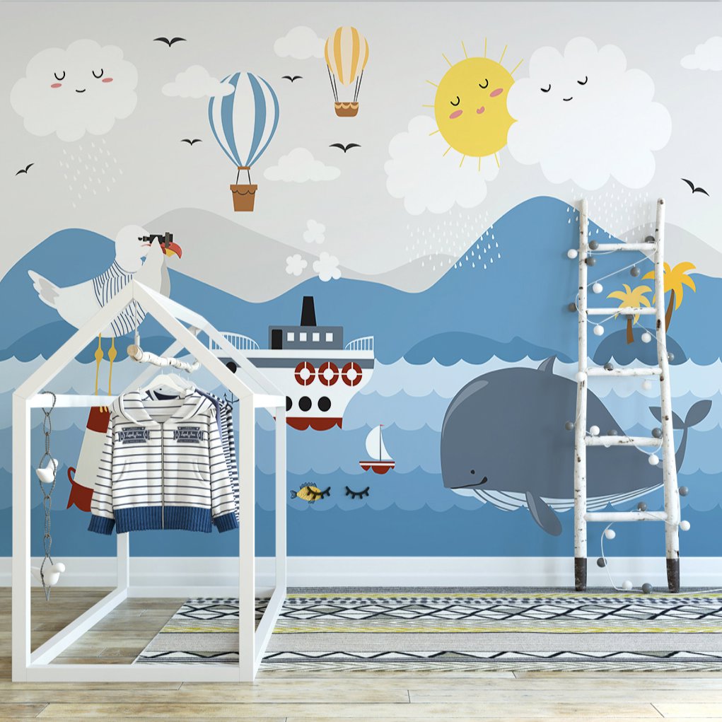 Papier Peint Marin <br/> Mouette et Baleine