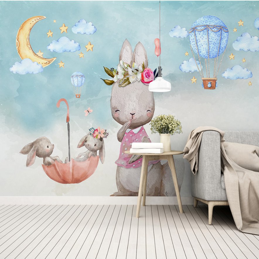 Papier Peint Fille Classique <br/> Lapin et Ciel Bleu