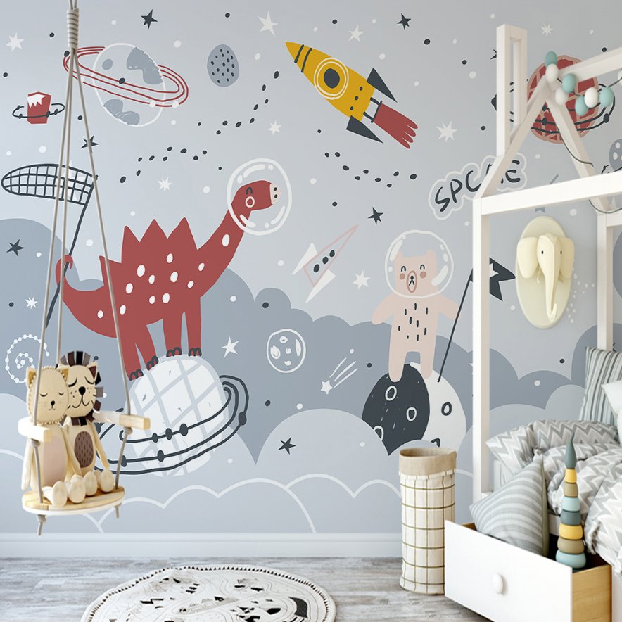 Papier Peint Espace <br/> Dino Rouge dans l'espace