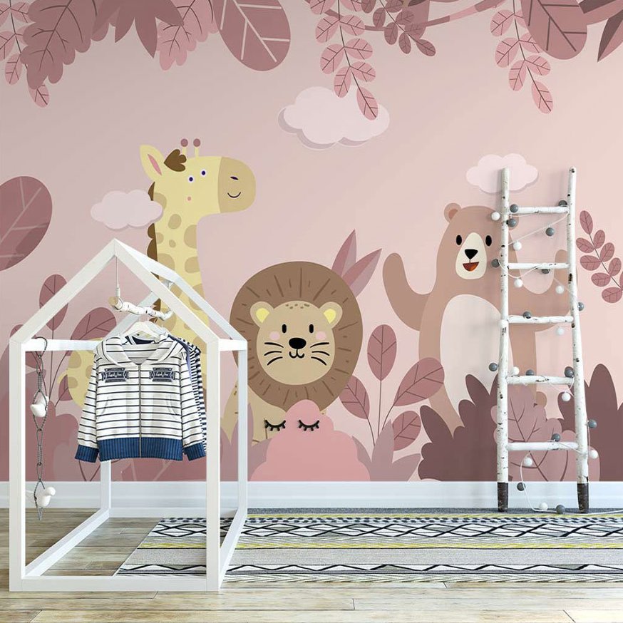 Papier Peint Animaux <br/> Fond Rose Lion & Co.