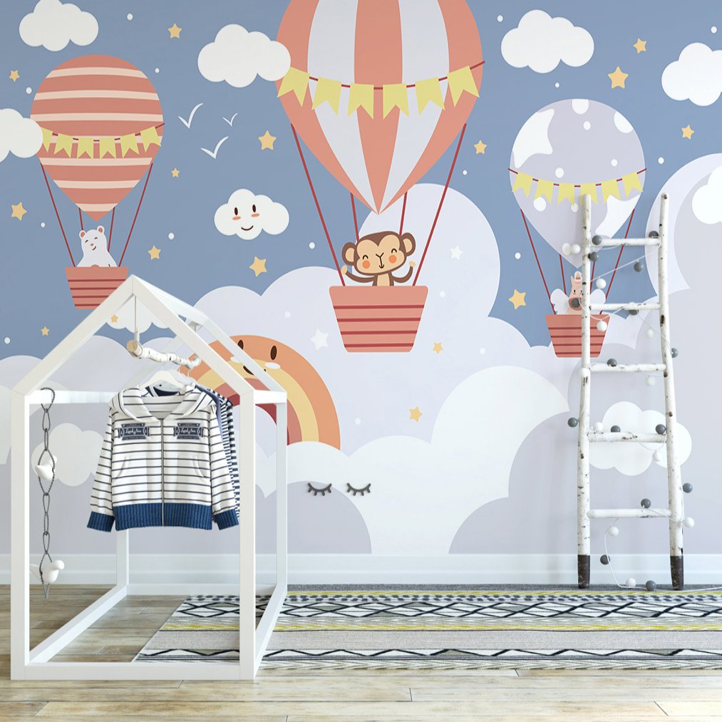Papier Peint Bébé Classique <br/> Copains Animaux dans Montgolfière