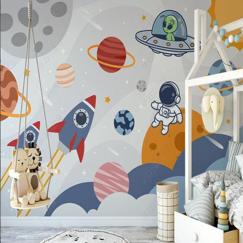Dessin animé drôle de papier peint du système solaire, planètes et soleil,  papier peint pour enfants, peinture murale de chambre denfant, pelage et  bâton, auto-adhésif, décoration murale -  France