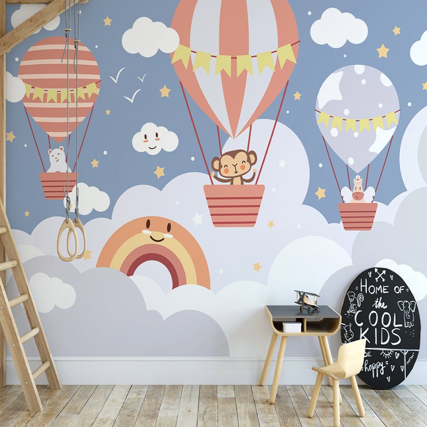 Papier Peint Bébé Classique <br/> Copains Animaux dans Montgolfière