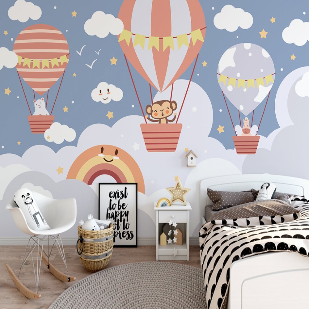 Papier Peint Bébé Classique <br/> Copains Animaux dans Montgolfière