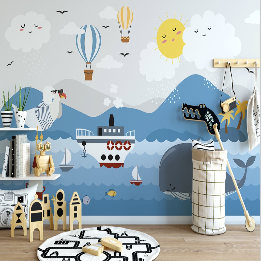 Papier Peint Marin <br/> Mouette et Baleine