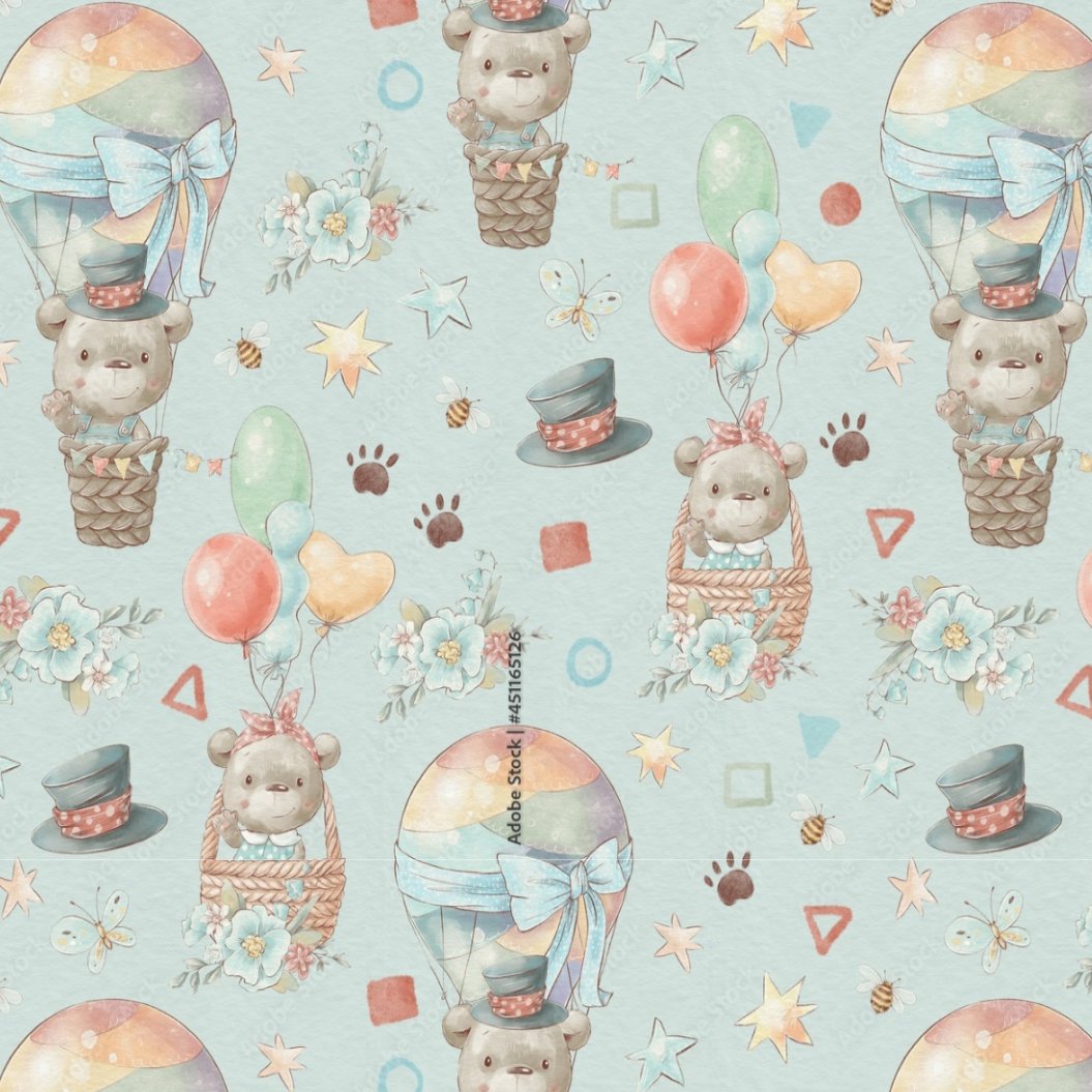 Papier Peint Bébé Classique <br/> Oursons Adorables et Montgolfières