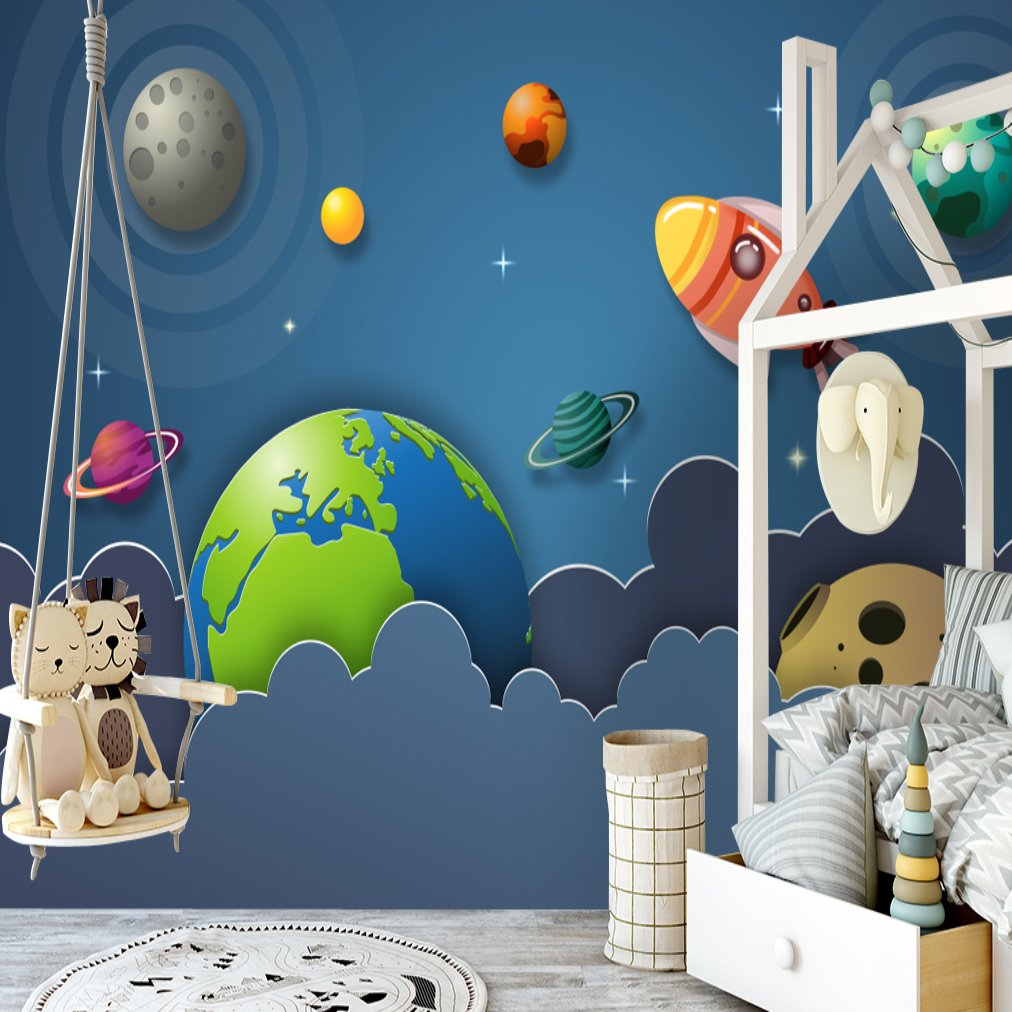 Papier Peint Espace <br/> Bleu et Vert Spatial