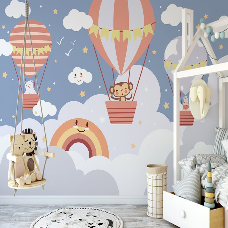Papier Peint Bébé Classique <br/> Copains Animaux dans Montgolfière