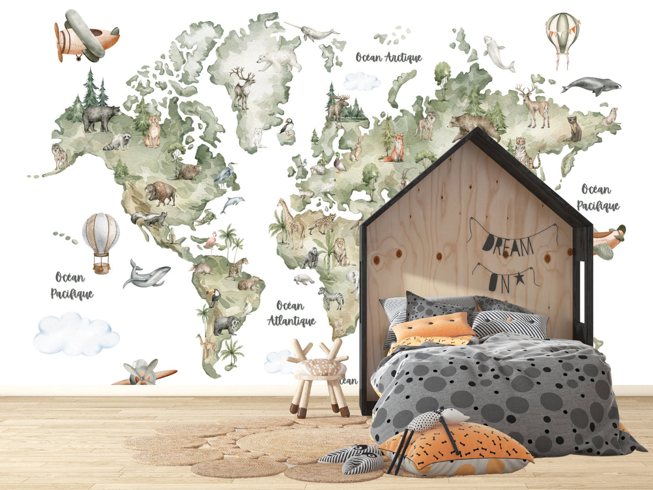Papier Peint Carte du Monde <br/> Aquarelle Aventure Avion