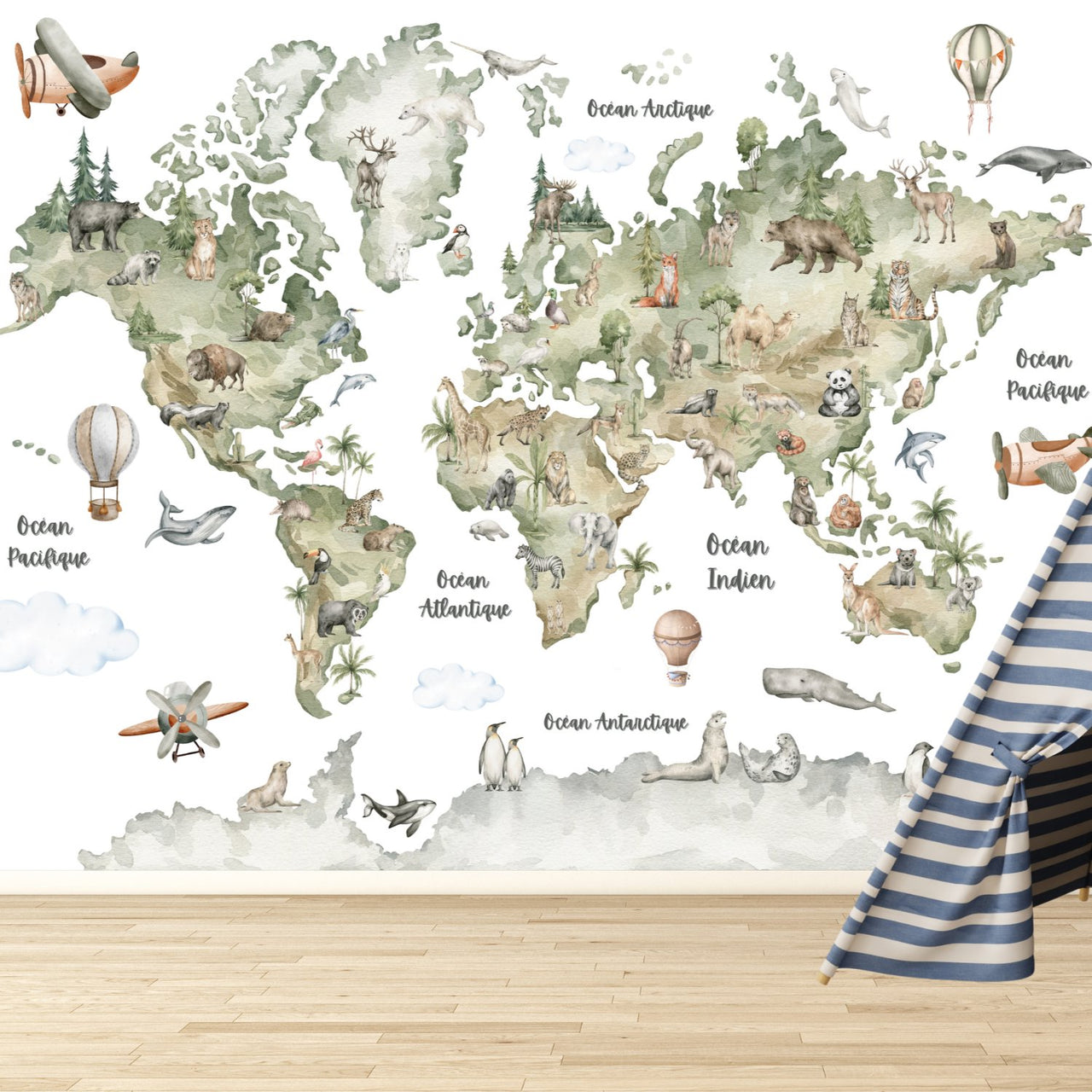 Papier Peint Carte du Monde <br/> Aquarelle Aventure Avion