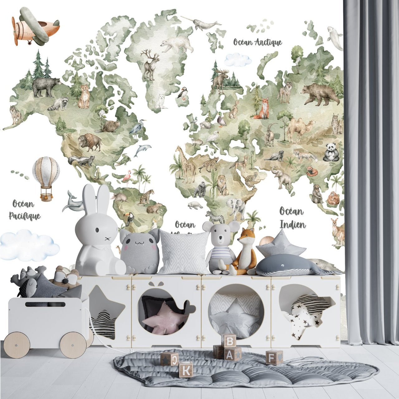Papier Peint Carte du Monde <br/> Aquarelle Aventure Avion