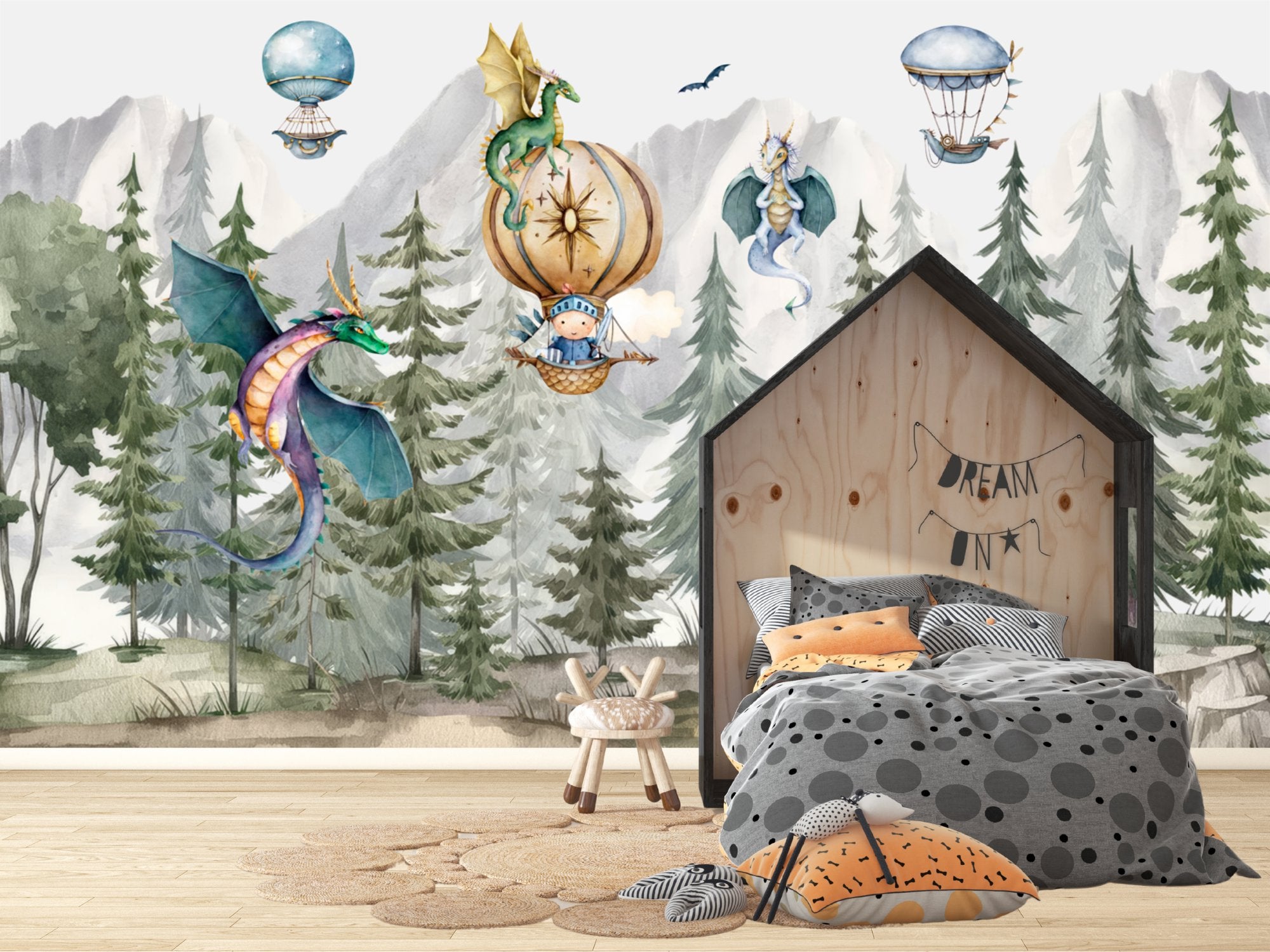 Papier Peint Garçon Classique  <br/> Forêt, Dragon et Chevalier
