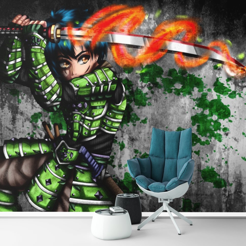 Papier Peint Japonais Manga <br/> Guerrier Vert et Katana en Feu