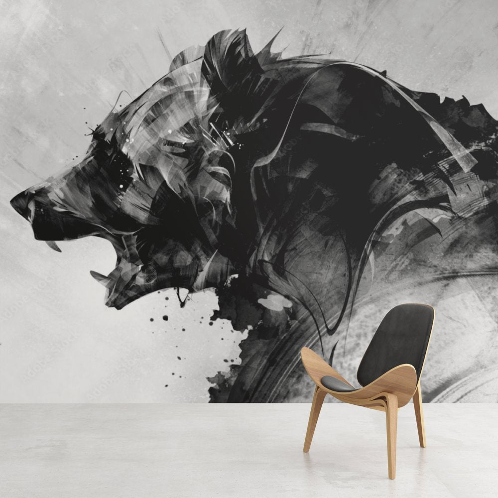Papier Peint Noir et Blanc <br/> Ours Grizzli Féroce