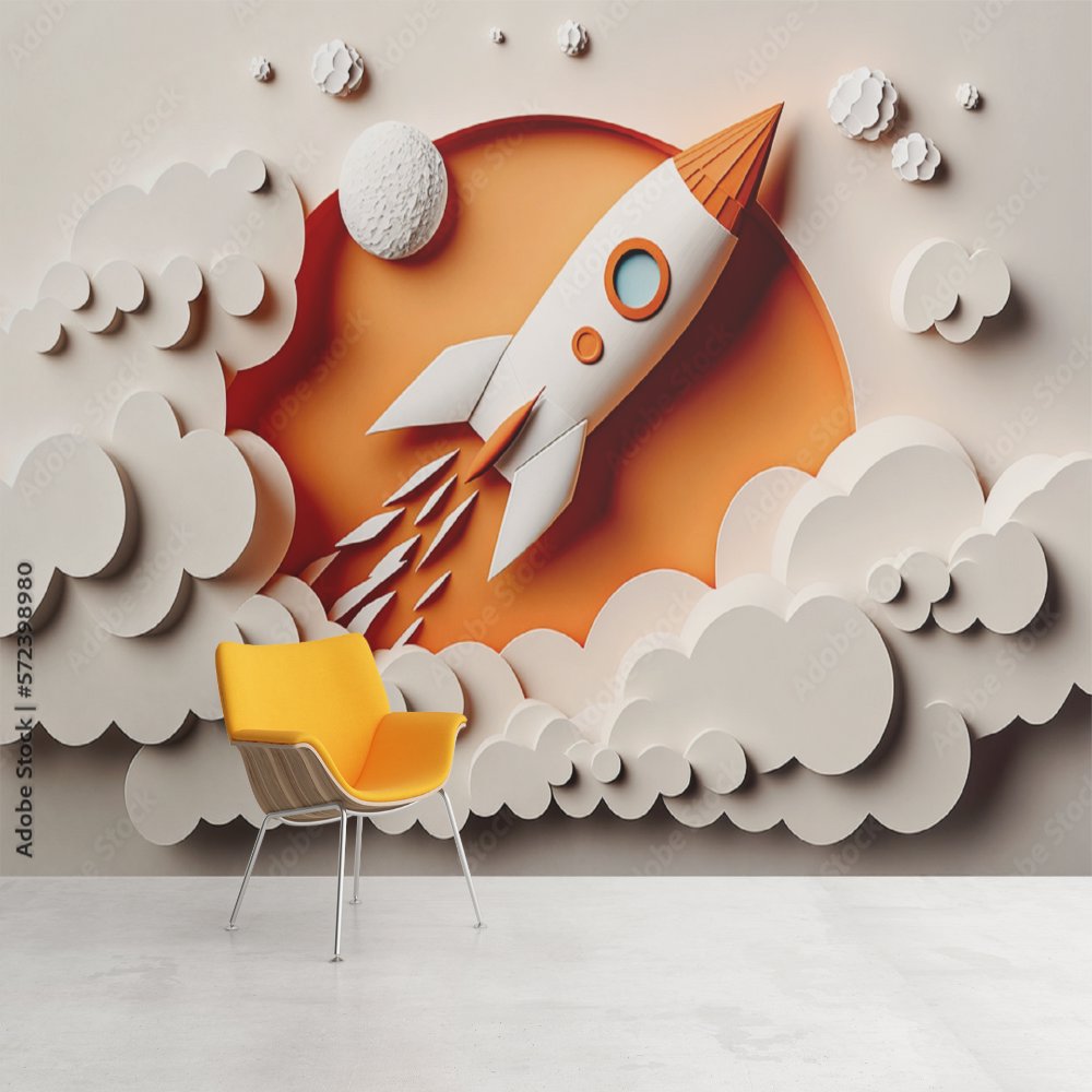 Papier Peint Espace <br/> 3D Blanc et Orange