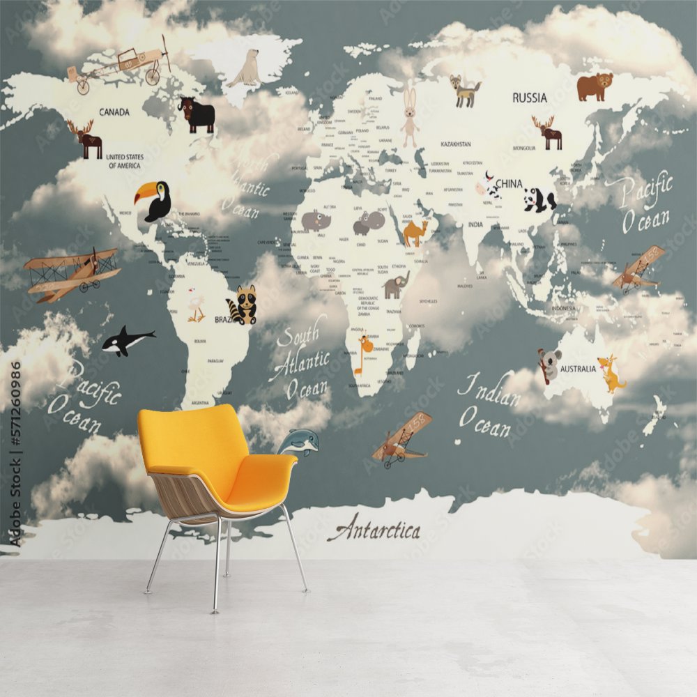 Papier Peint Carte du Monde <br/> Planisphère Animaux Boom
