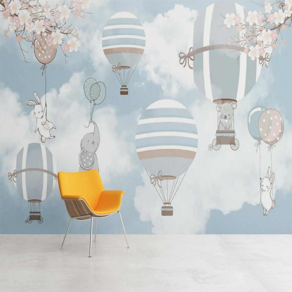 Papier Peint Bébé Classique <br/> Montgolfière Bleue et Animaux