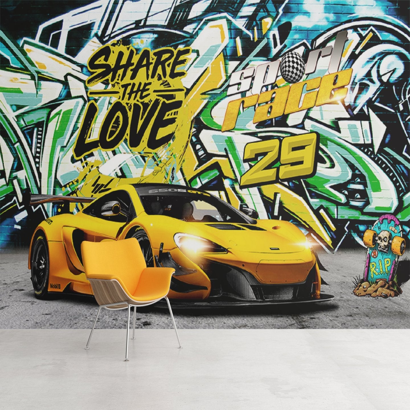 Papier Peint Voiture <br/> Jaune Electrique Graffiti