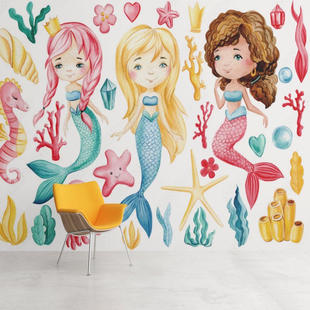 Papier Peint Princesse <br/> Trio Sirènes et Coquillages