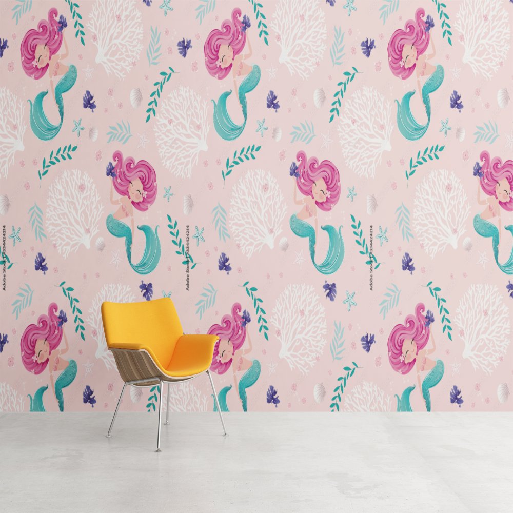 Papier Peint Princesse <br/> Motif Sirène Fond Rose