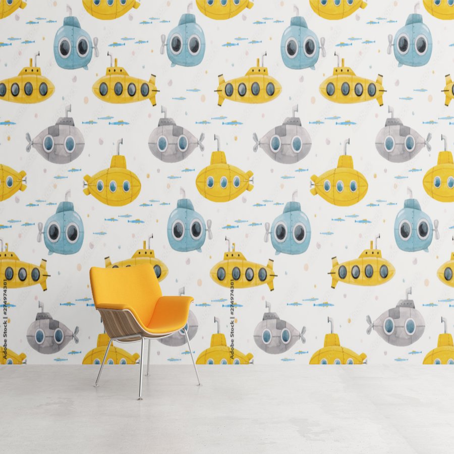 Papier Peint Marin <br/> Thème Sous-Marin Jaune et Bleu