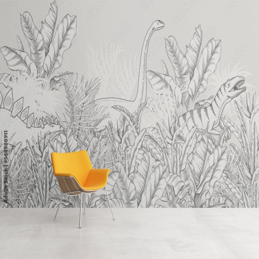 Papier Peint Dinosaure <br/> Tropical Gris