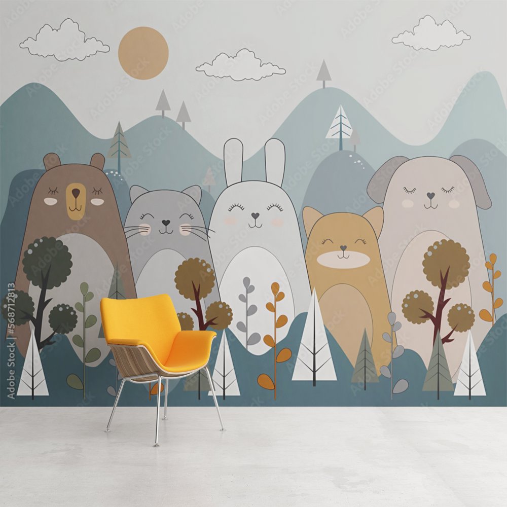 Papier Peint Animaux <br/> Forêt et Montagne Bleue