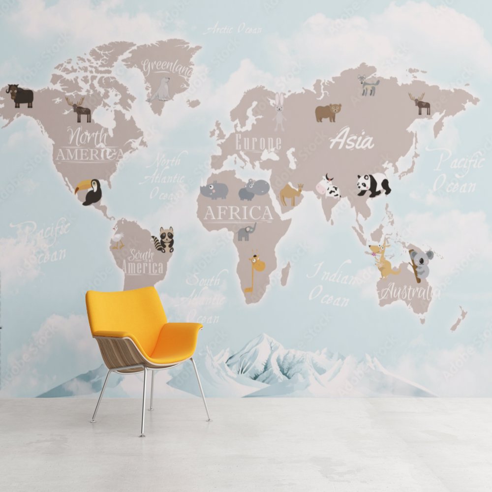Papier Peint Carte du Monde <br/> Hivernale et Animaux Mignons