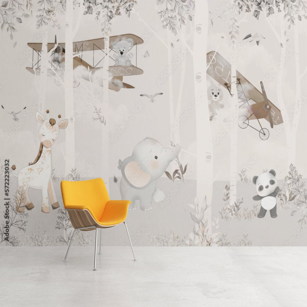 Papier Peint Avion <br/> Bébé Animaux et Aventure