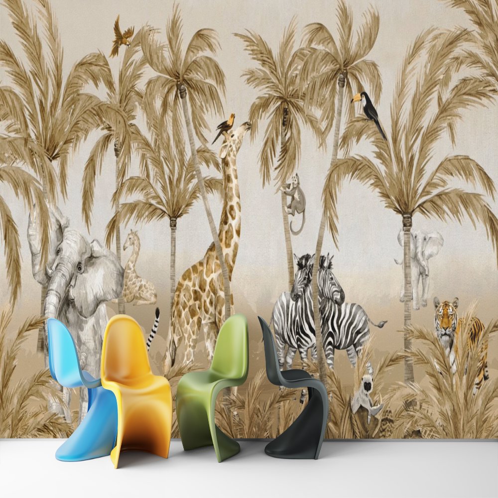 Papier Peint Animaux <br/> Joyeuse Jungle Sépia