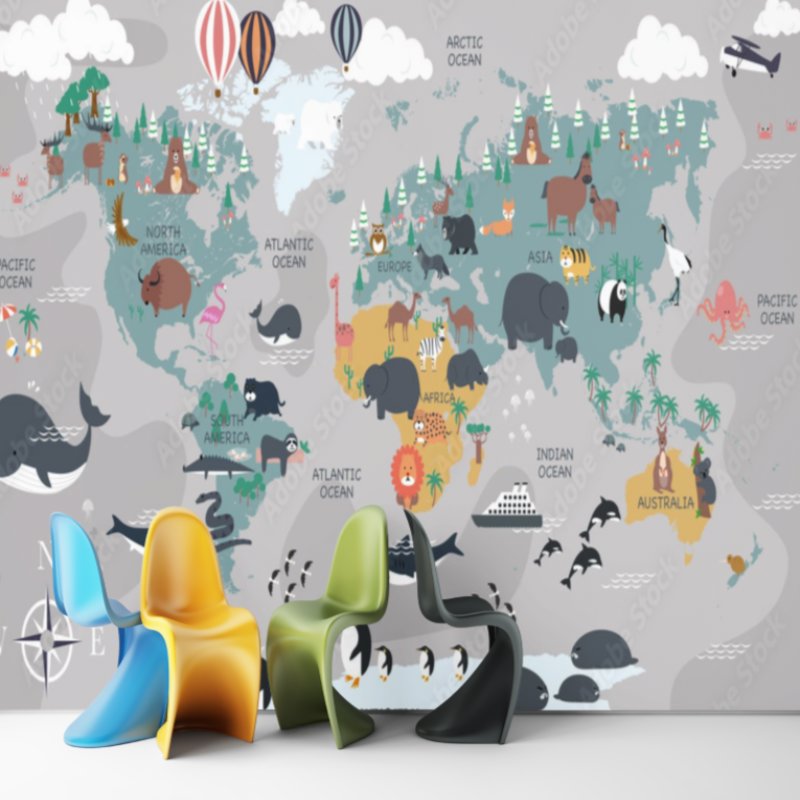 Papier Peint Carte du Monde <br/> Planisphère Gris et Animaux