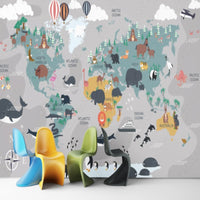 Thumbnail for Papier Peint Carte du Monde <br/> Planisphère Gris et Animaux