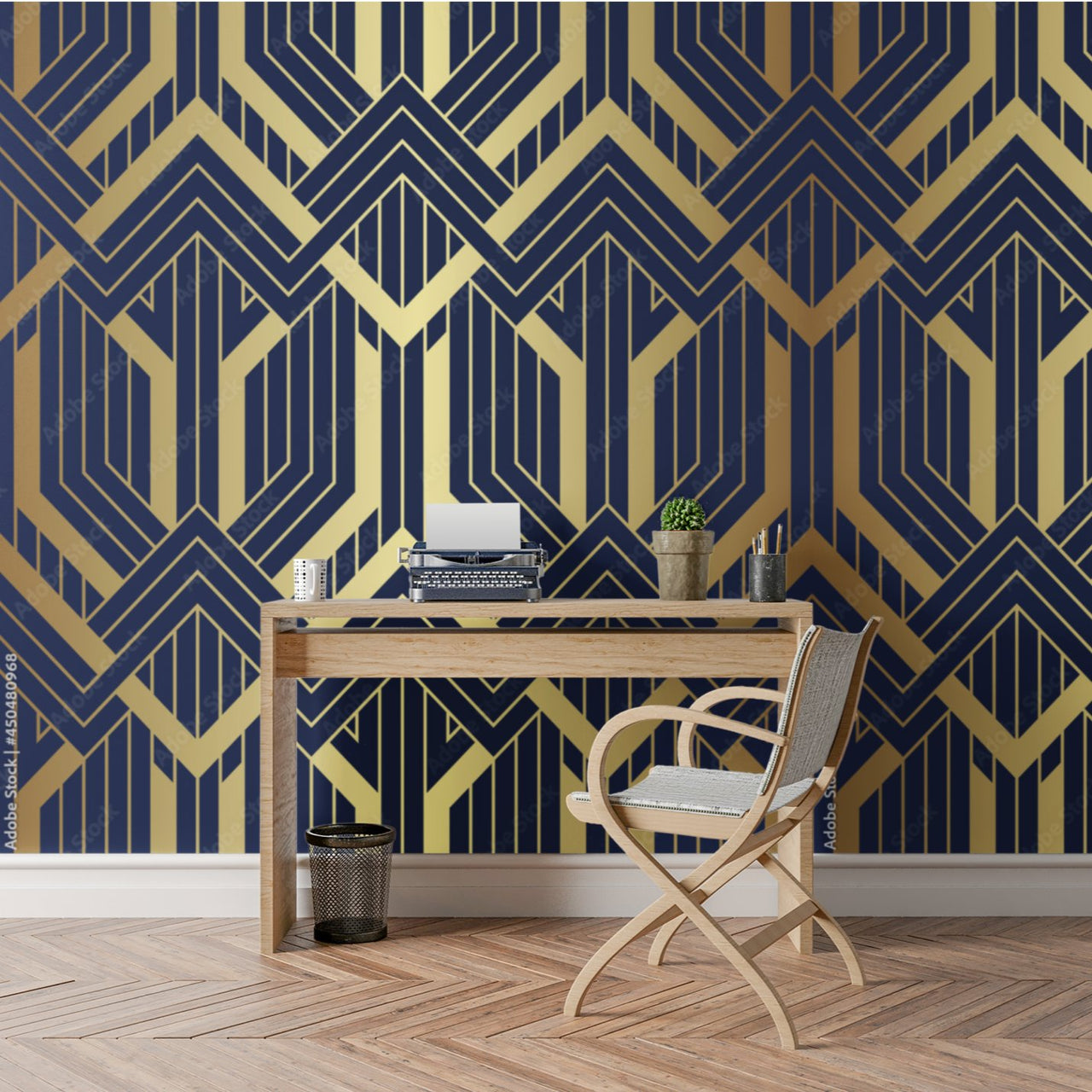 Papier Peint Art Deco Bleu Or