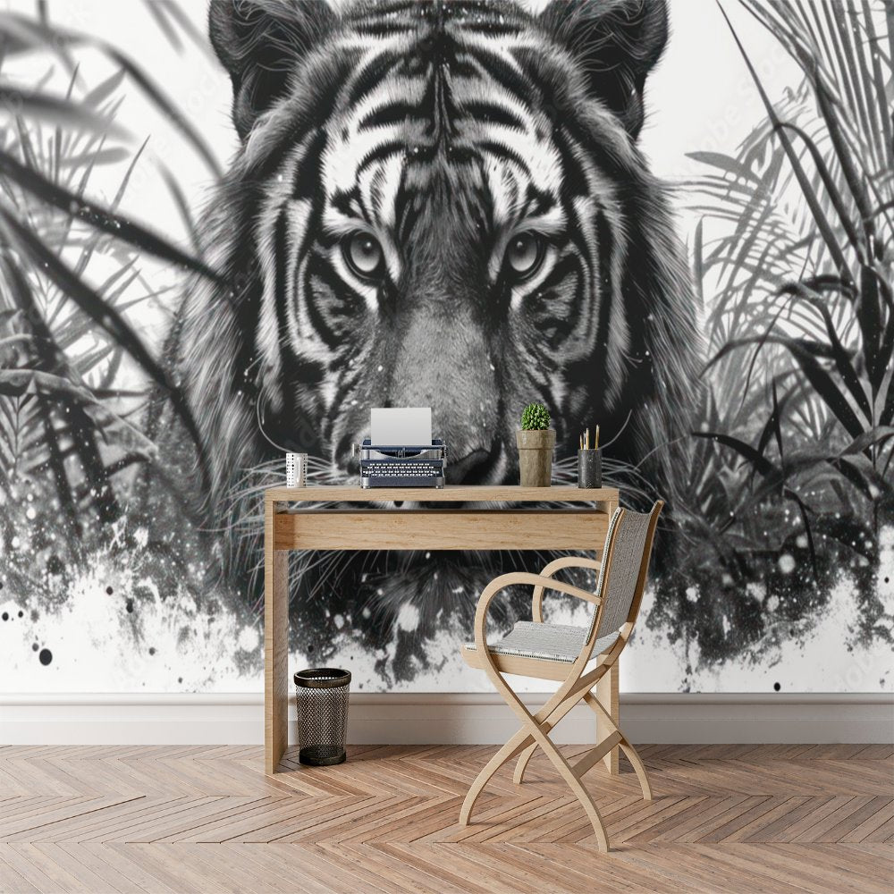 Papier Peint Noir et Blanc <br/> Tigre Jungle