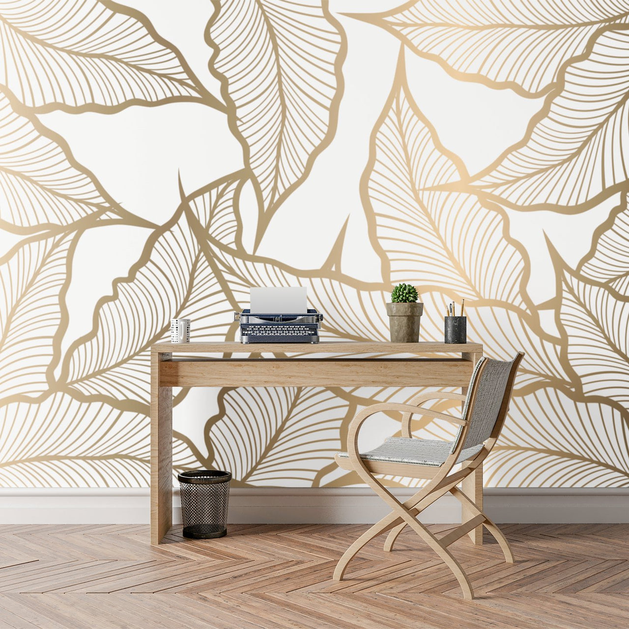Papier Peint Feuille Blanc Doré