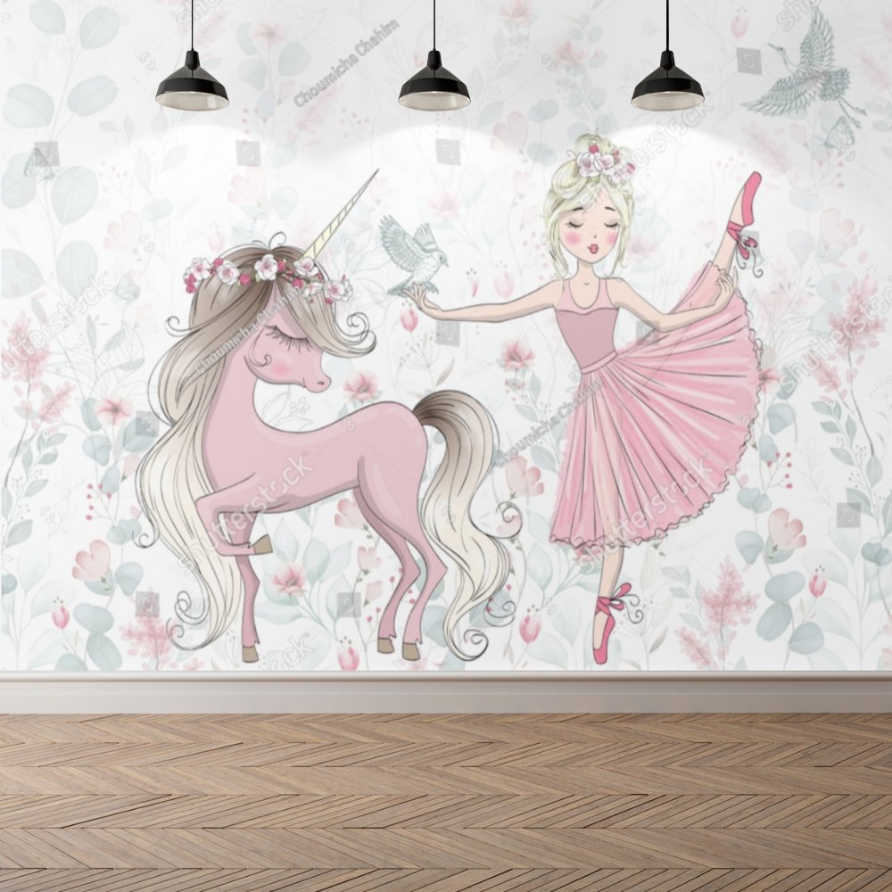 Papier Peint Licorne <br/> Princesse et Petites Fleurs