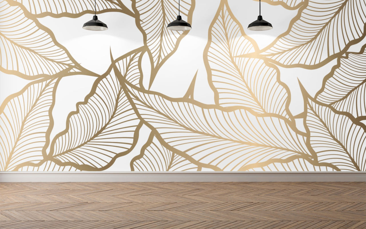 Papier Peint Feuille Blanc Doré