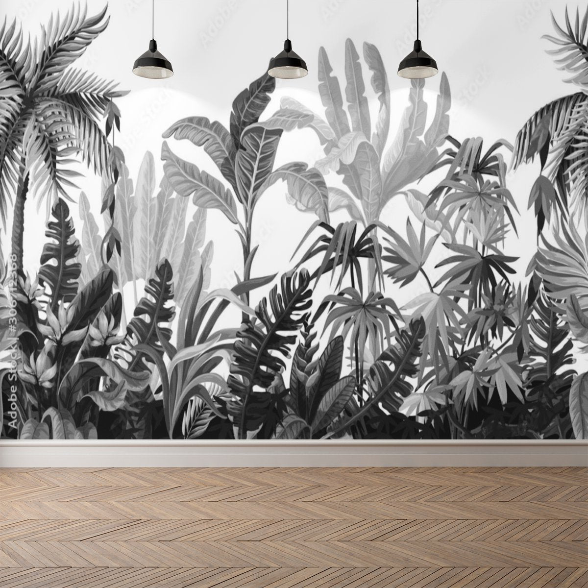 Papier Peint Tropical <br/> Forêt Tropicale Chic Noir et Blanc