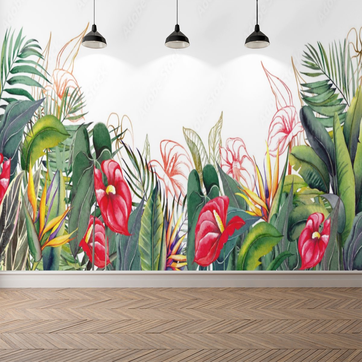 Papier Peint Tropical <br/> Anthurium Grosses Fleurs Rouges