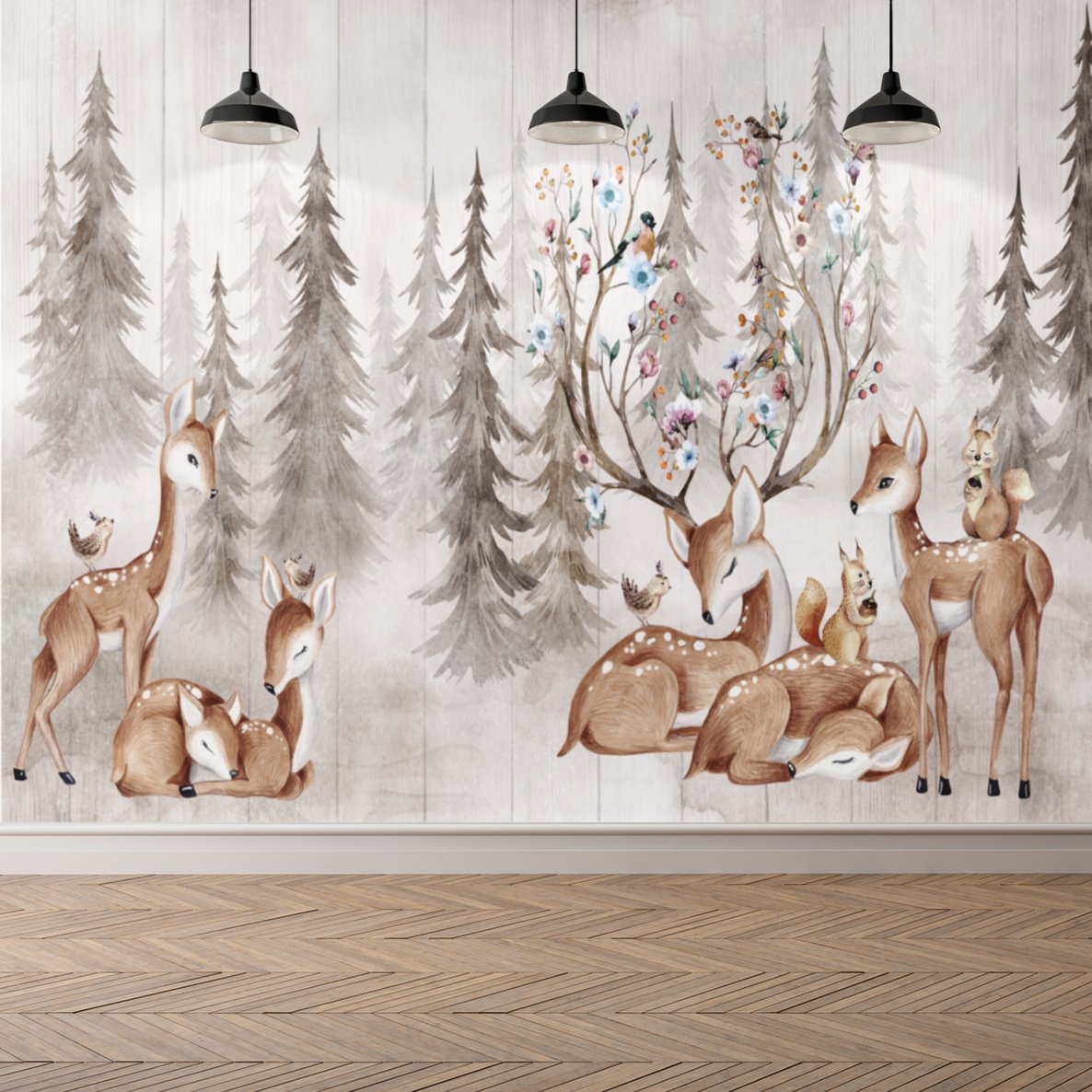 Papier Peint Animaux <br/> Cerf dans la Forêt Couronne Oiseaux