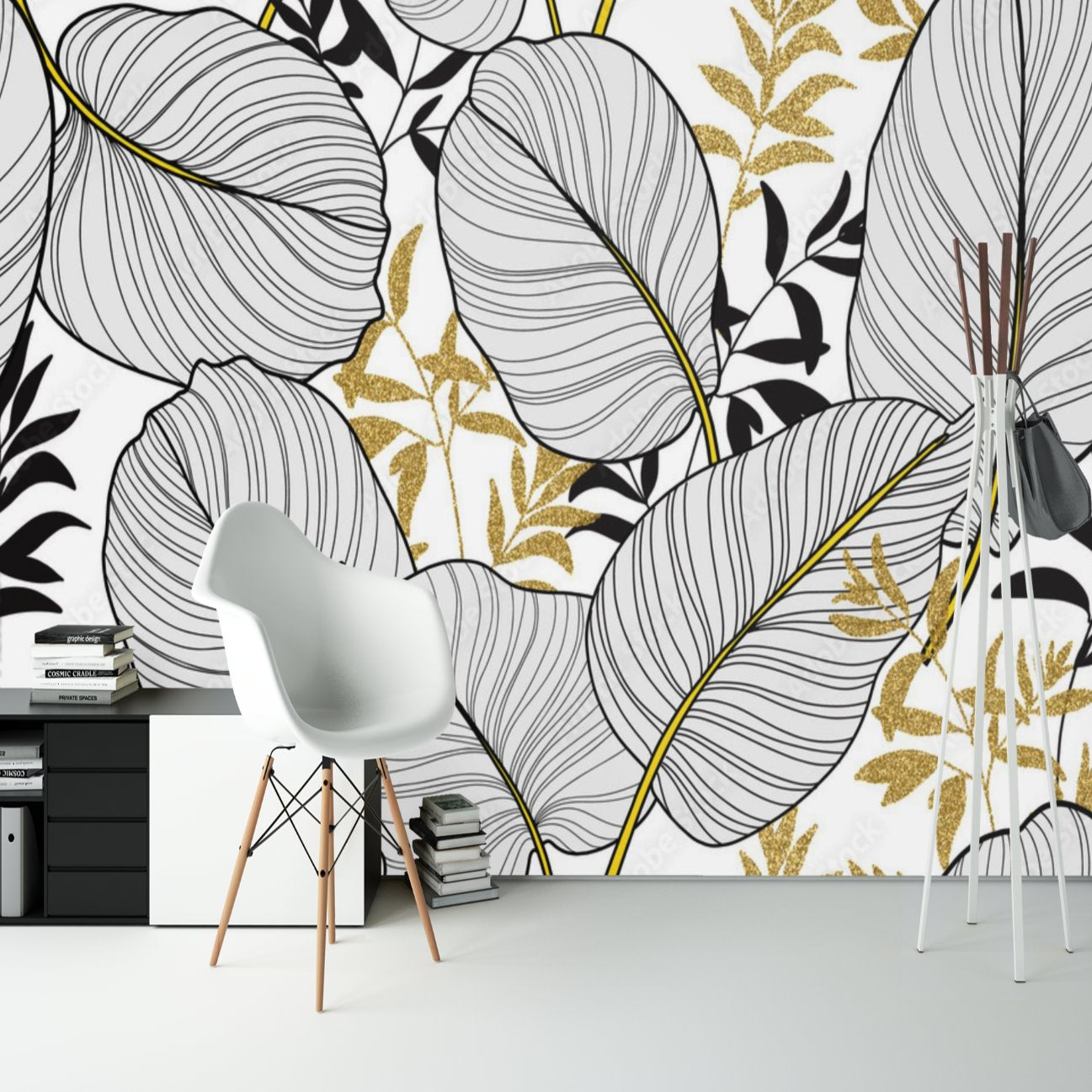Papier Peint Tropical <br/> Noir Blanc et Or