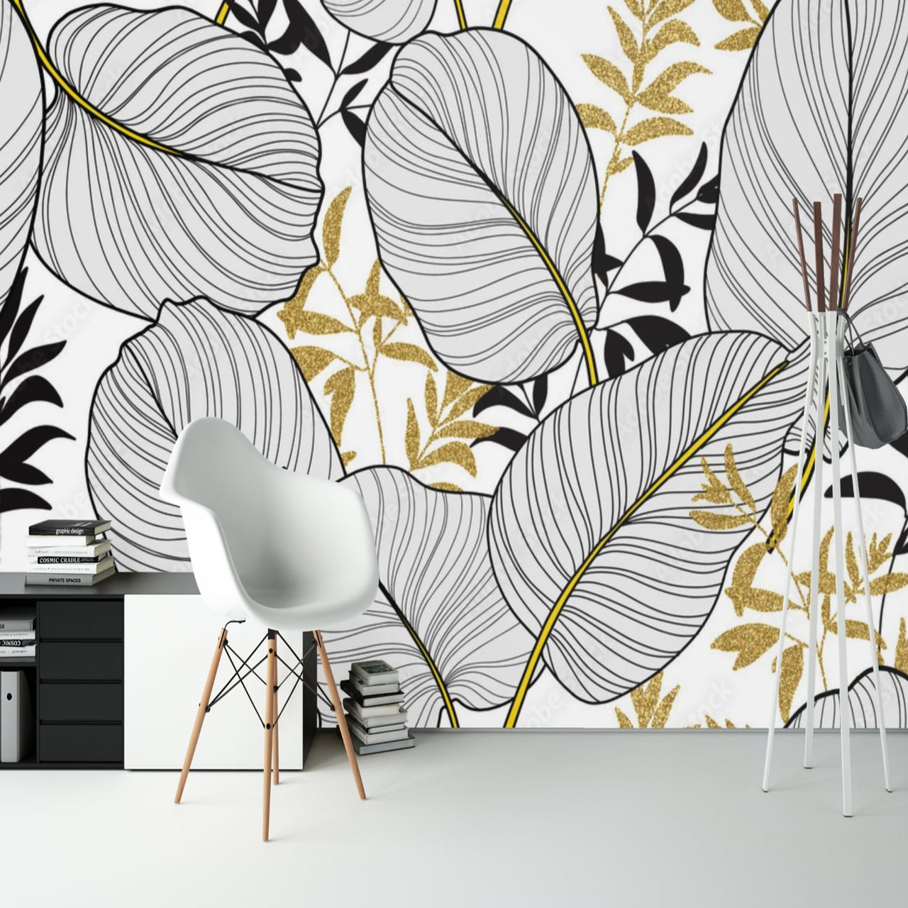 Papier Peint Tropical <br/> Noir Blanc et Or