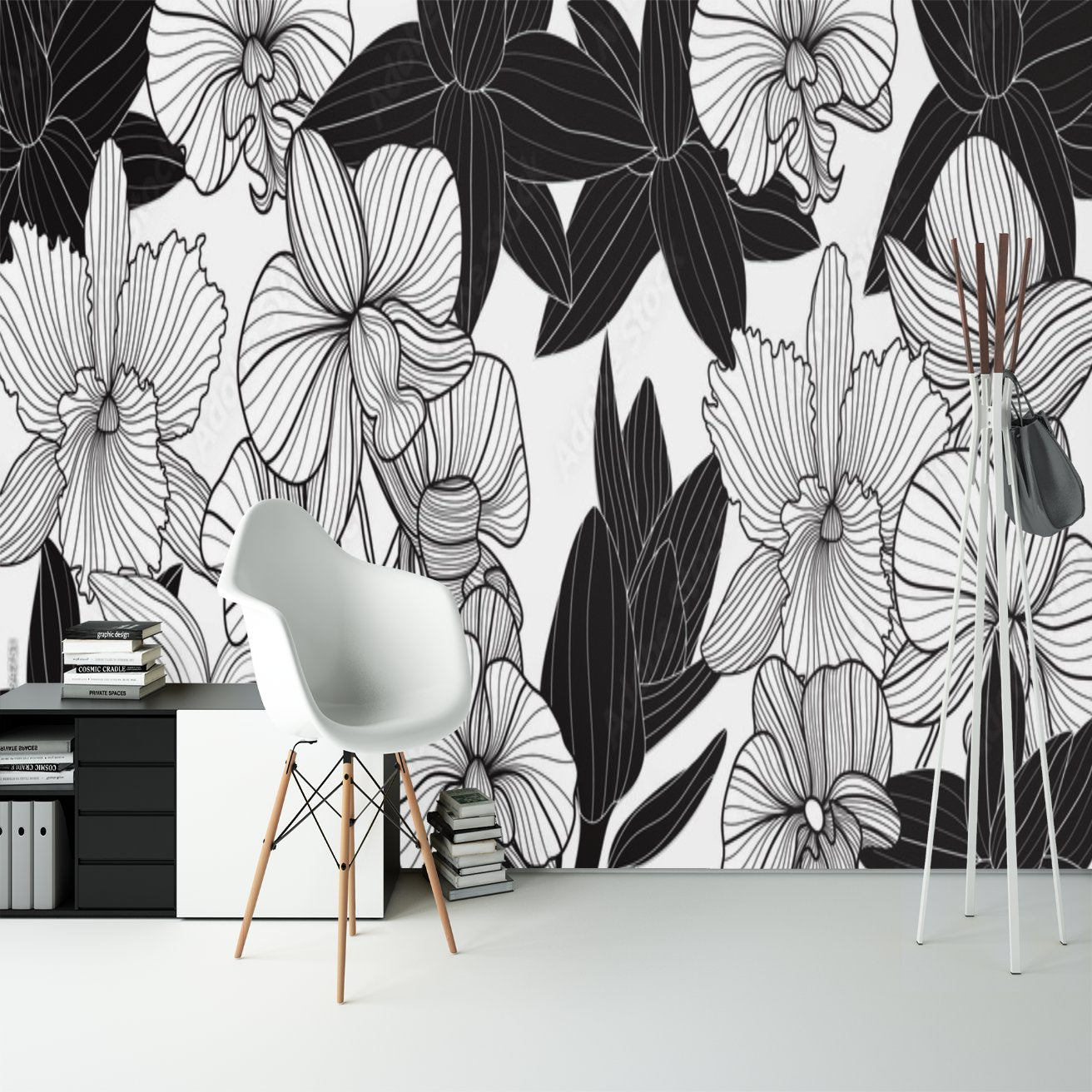 Papier Peint Tropical <br/> Grandes Fleurs Noir et Blanc